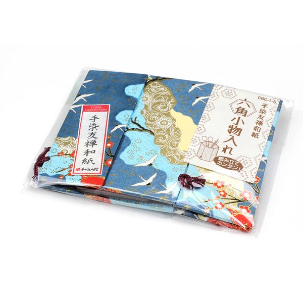 Taniguchi Shoyudo Co. Yuzen Washi Paper Foldable Hexagonal Box Cranes and Plum Blossoms