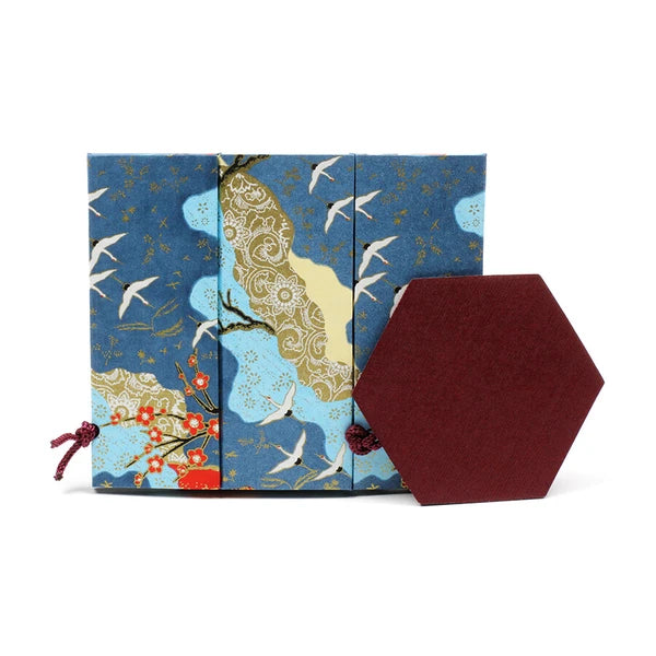 Taniguchi Shoyudo Co. Yuzen Washi Paper Foldable Hexagonal Box Cranes and Plum Blossoms
